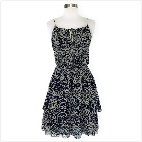 Robbi & Nikki Navy Beige Scroll Batik Tiered Layered Summer Slip Dress Size XS - Picture 1 of 4